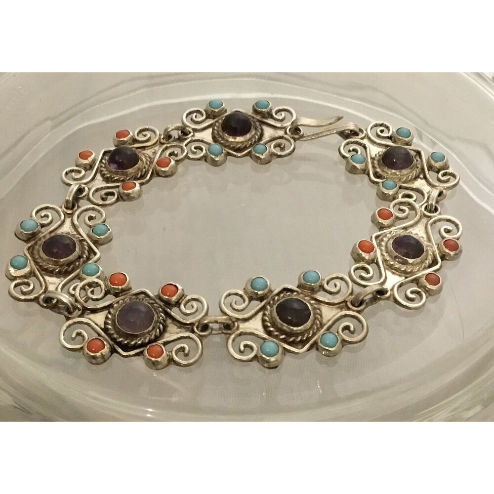 Vintage CEL Matl Style Mexican Sterling Amethyst/Turquoise/Coral Bracelet ME02